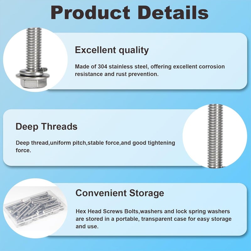 MroMax 20 Sets 1/4-20 x 2 Hex Head Screw Bolt, Nuts, Flat Washer & Spring Lock Washers Kits,Fully Threaded, Stainless Steel 18-8（304）, Bright Finish - Image 4
